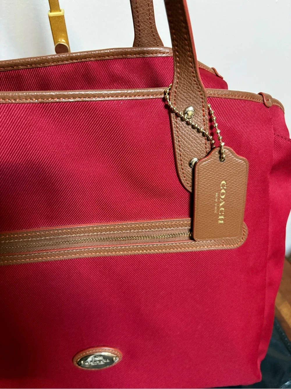 Coach Red Canvas Tote with Brown Leather Trim